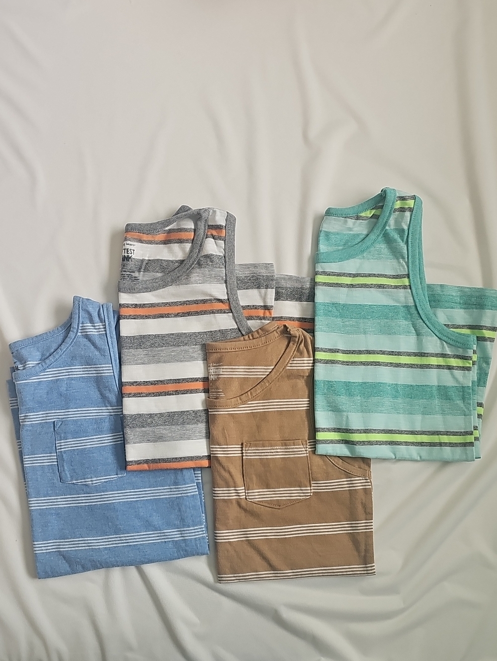 Boys Jumping Beans Striped Pocket Tank Tops in Blue, Gray, Brown & Green